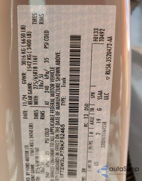 2024 Ford F150 Xlt z USA, uszkodzony, nr VIN 1FTEW3LP7RKF52465